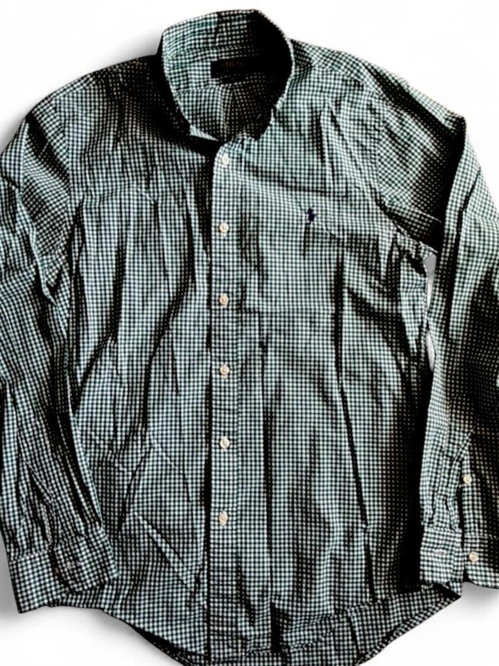 Polo Ralph Lauren Slim Fit Shirt Mens Medium Green Gingham Check Long Sleeve